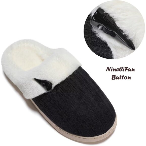 Women's Black Scuff Fuzzy Faux Fur Lining Memory Foam Warm Plush Slippers Shoes - Picture 4 of 9